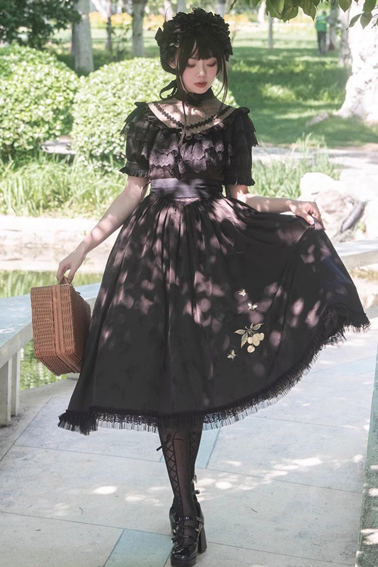 Black Daisy Print Gothic Dress with Cherry Embroidery