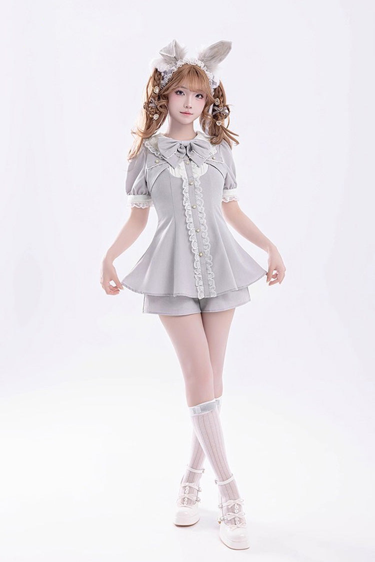 Grey Short Sleeves Ruffle Bowknot Fake Two Pieces Jirai Kei Japanese Dress Shorts