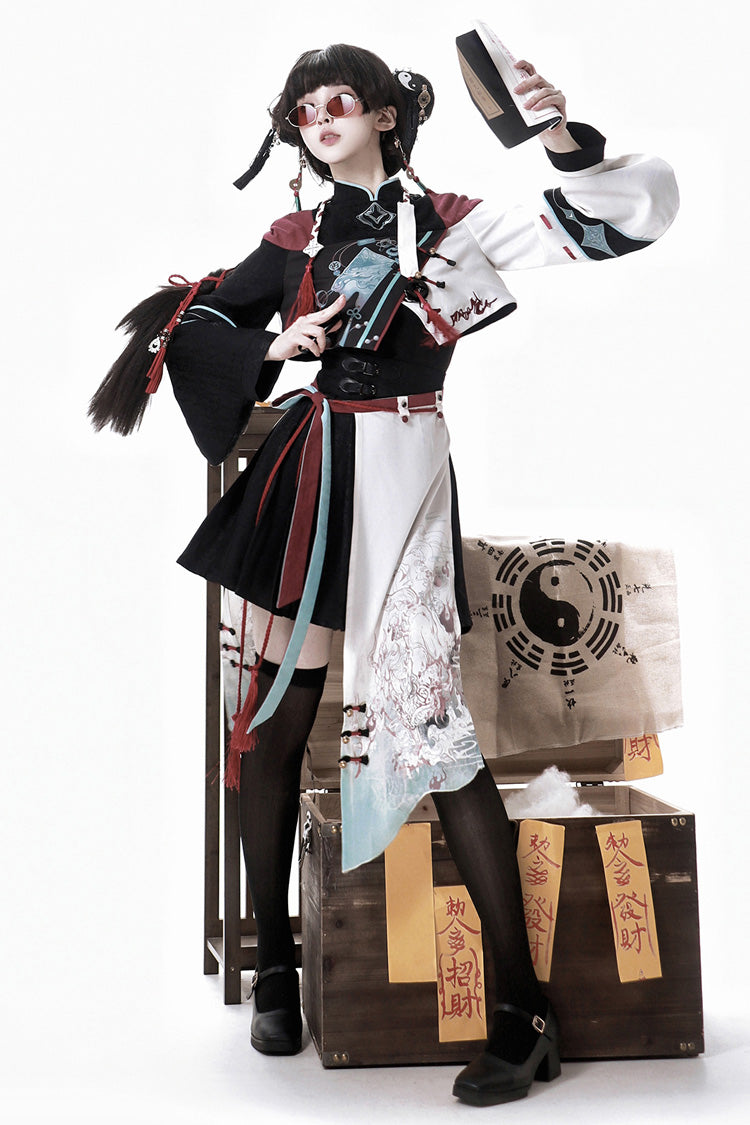 Multi-Color Asymmetric Chinese Ouji Skirt with Demon Print - Walking With The Demon