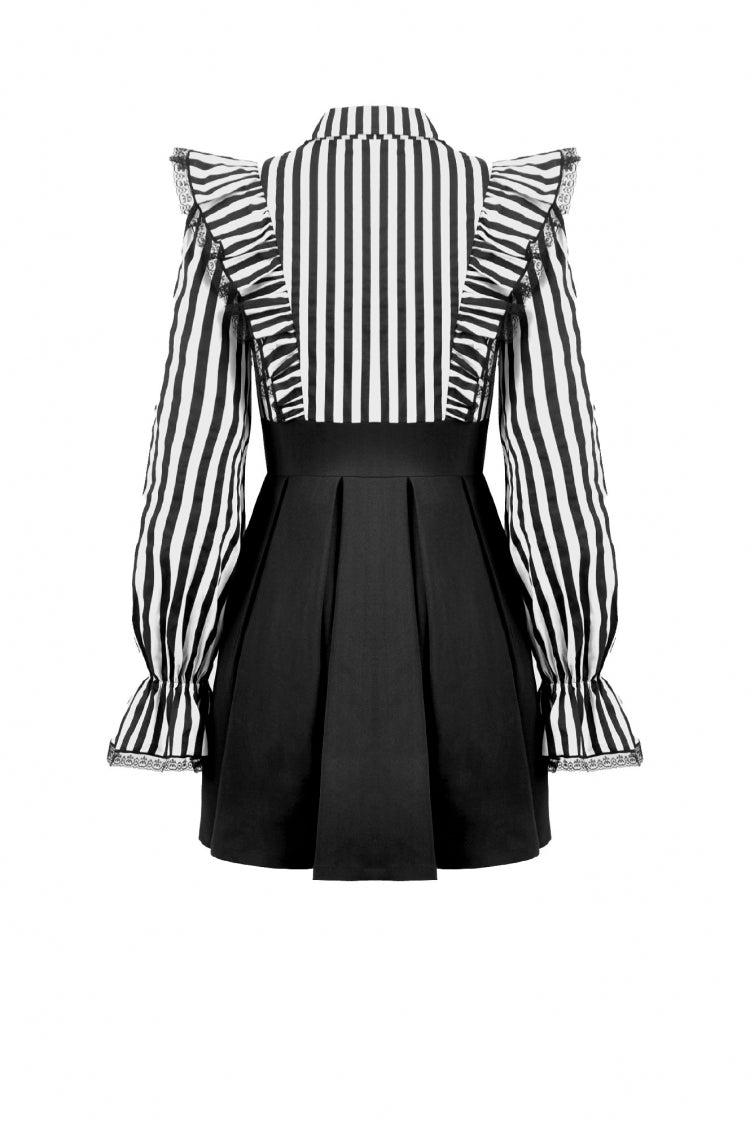 Striped Lapel Collar Long Sleeves Moon Lace Bow Ruffled Pleated Gothic Dress
