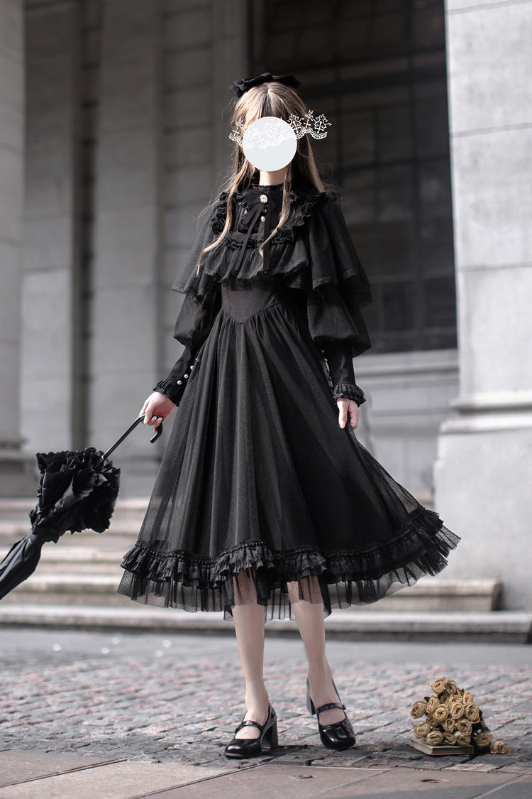 Midnight Lace-Sleeved Bow Detail Elegant Gown - Enchanted Nightdream