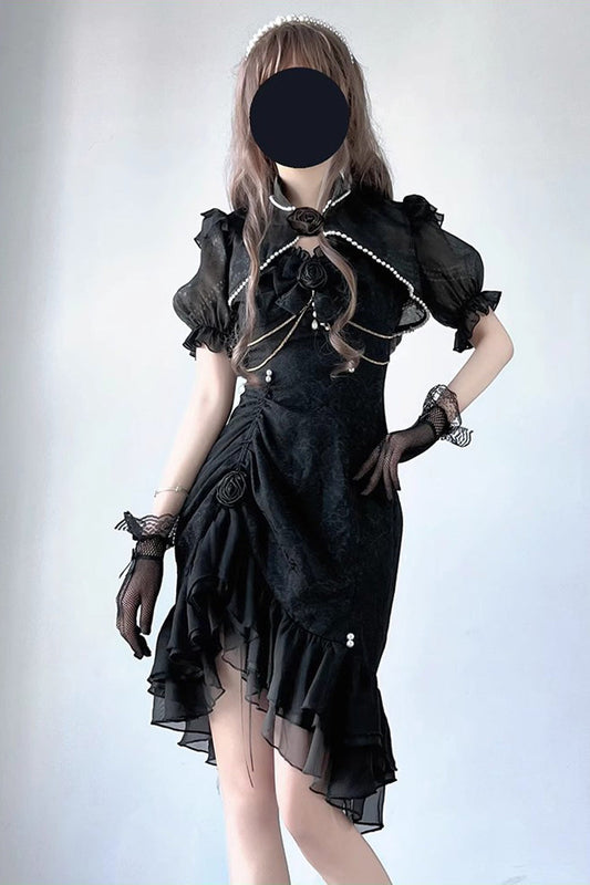 Asymmetric Jacquard Lace Fishtail JSK in Black