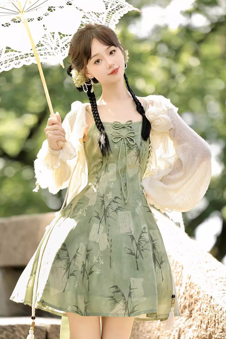 Green Bamboo Printed Lace-Up Sweet Chinese Lolita Jumper Dress