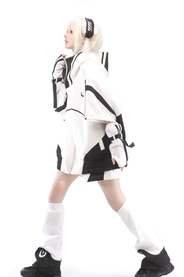 Monochrome Starry Half-Sleeve Jirai Kei Overcoat - Noir