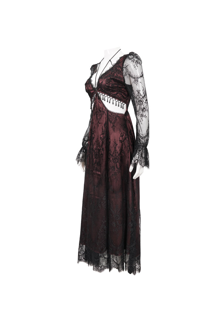 Crimson Lace-Trimmed Cutout Adjustable Waist Gothic Gown