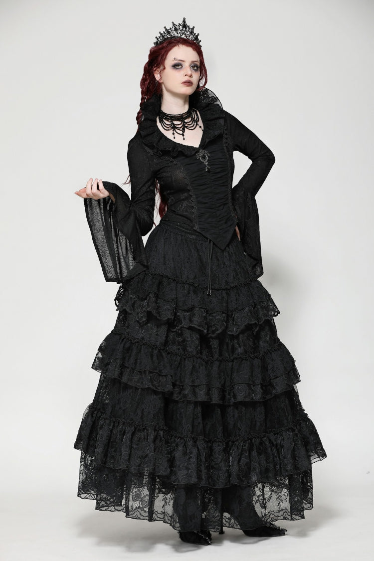 Ruffled V Stand Collar Long Flared Sleeve Jacquard Gothic Blouse for Women Lace