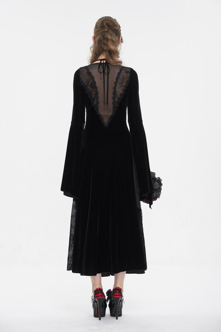 Onyx Velvet Mesh Panel Gothic Maxi Dress for Women