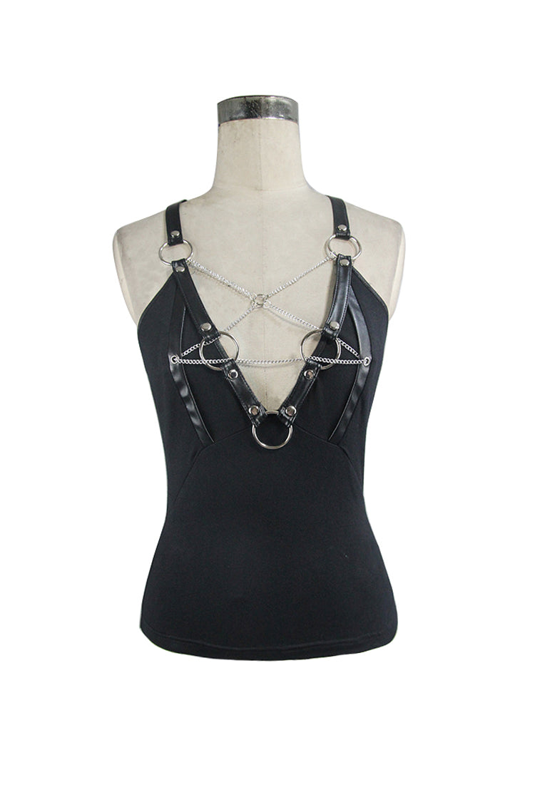 Punk Vest with Inverted Pentagram Chain Backless Metal Ring Straps