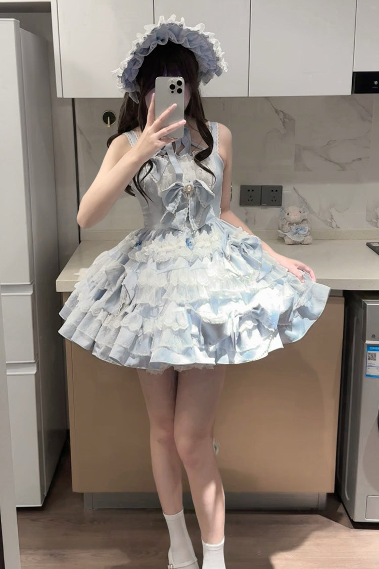 Blue Sweet Gorgeous Lolita JSK Dress with Multi-Layered Ruffle and Bowknot