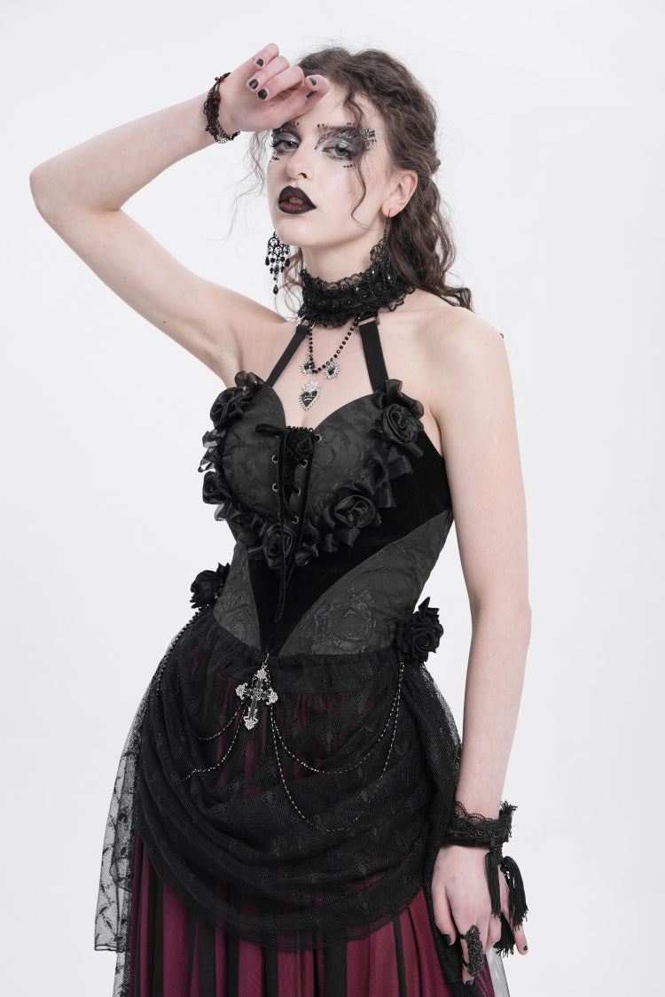Elegant Black Rose Heart Lace Embroidered Sleeveless Halter Gothic Shirt
