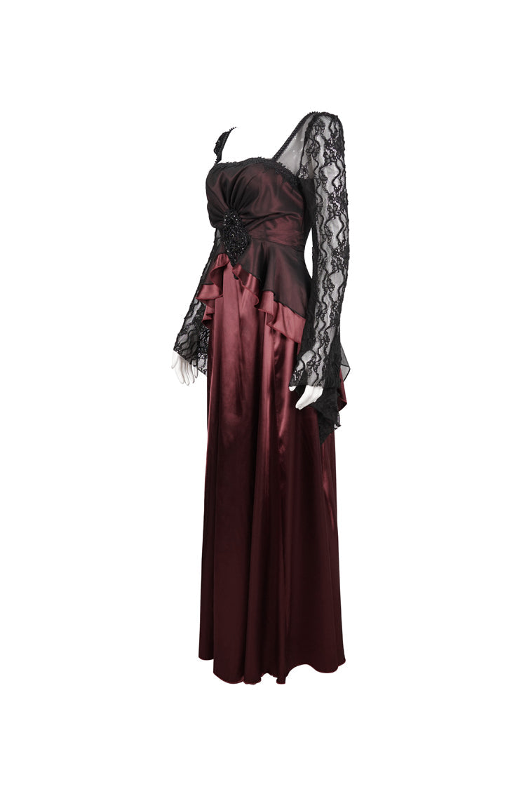 Scarlet Satin Floor-Length Gothic Dress with Pointy Sleeves and Back Zip