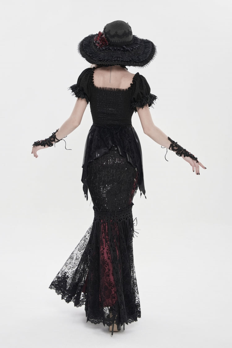 Noir & Red Embroidered Pearl-Adorned Slim Gothic Skirt