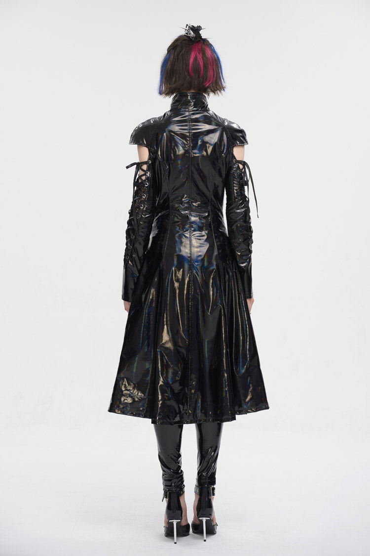 Patent Leather Mesh Spliced Long Punk Coat for Women Lace-Up