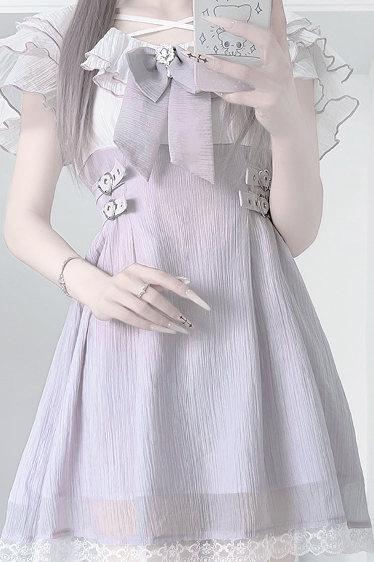 Mauve Ruffled Bow Lace Short-Sleeve Japanese Street Style Dress