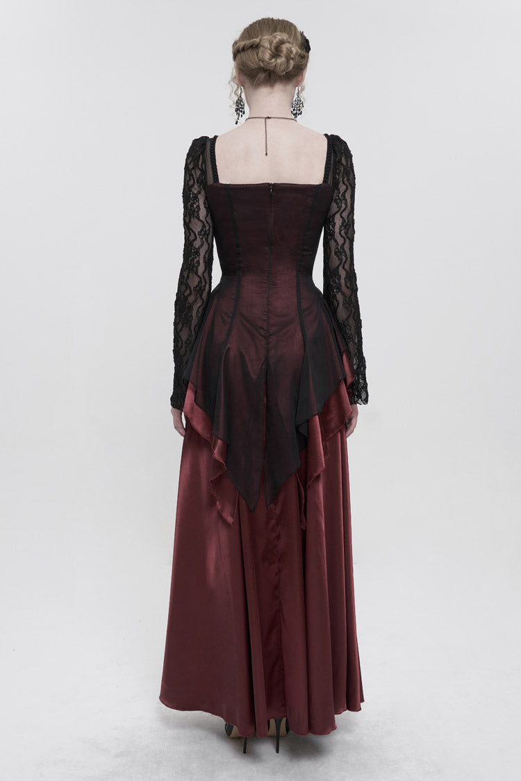 Scarlet Satin Floor-Length Gothic Dress with Pointy Sleeves and Back Zip