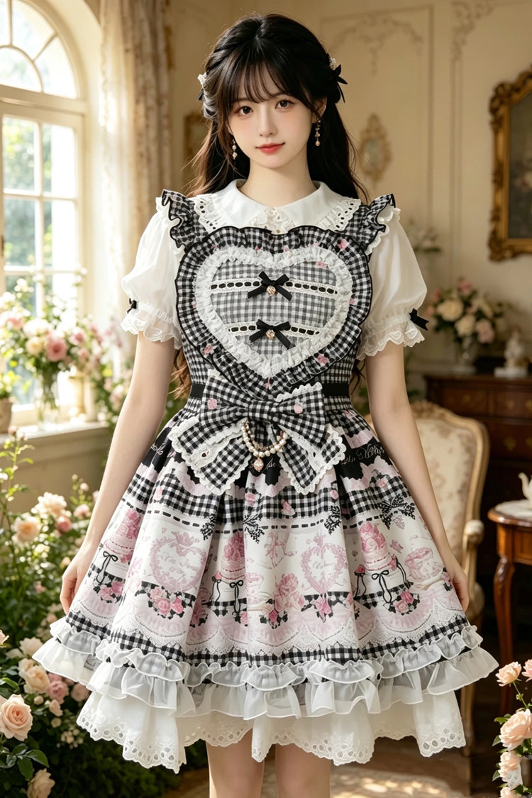 Lapel Collar Bow Print Short Sleeve Plus Size Jirai Dress in Three Colors