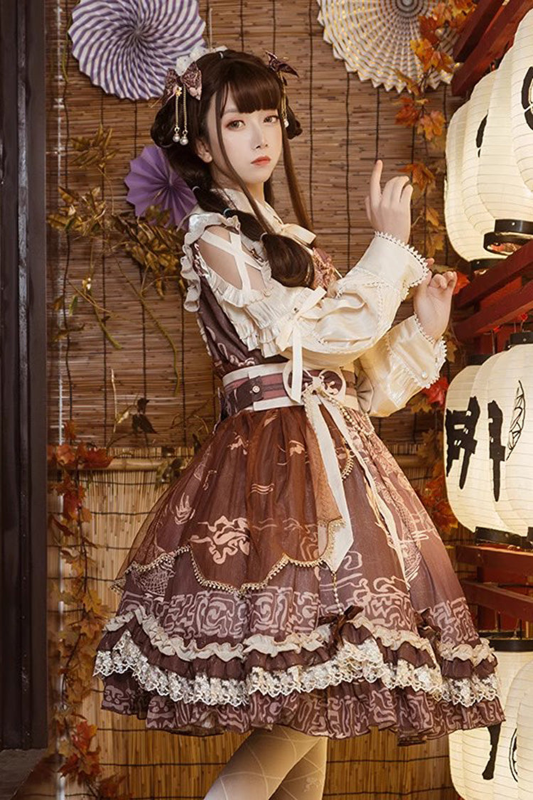 Brown Print Ruffle Lace Sweet Chinese Lolita Jsk Dress