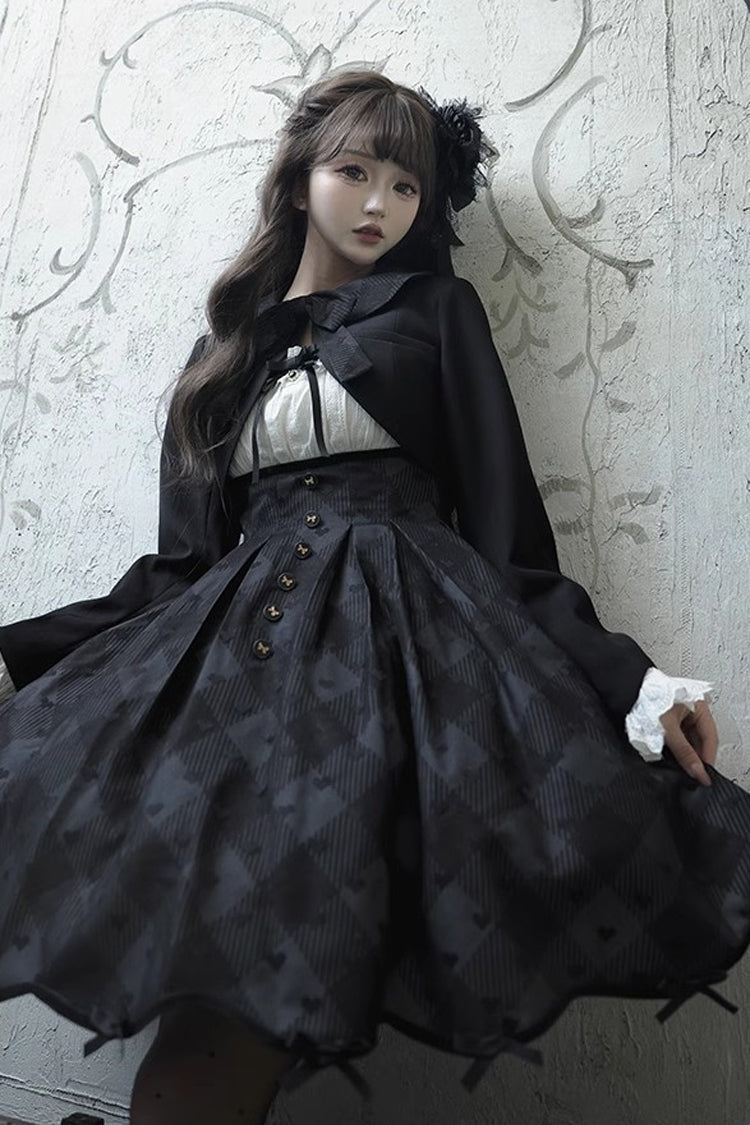 Black Short Sleeve Plaid Print Sweet Elegant Princess Dress Short - Swan