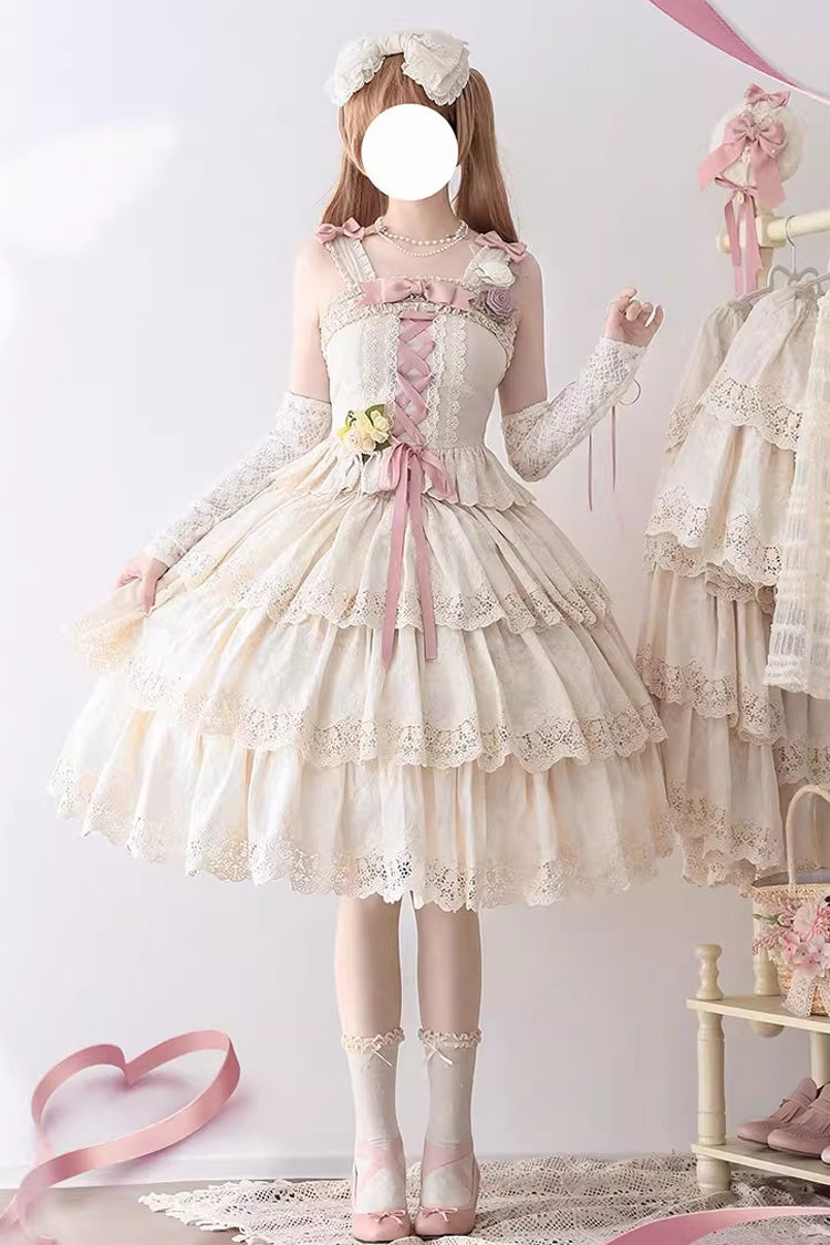 Cream Forest Waltz Embroidery Bow Lace-Up Slim Elegant Sweet Lolita Suspender Top