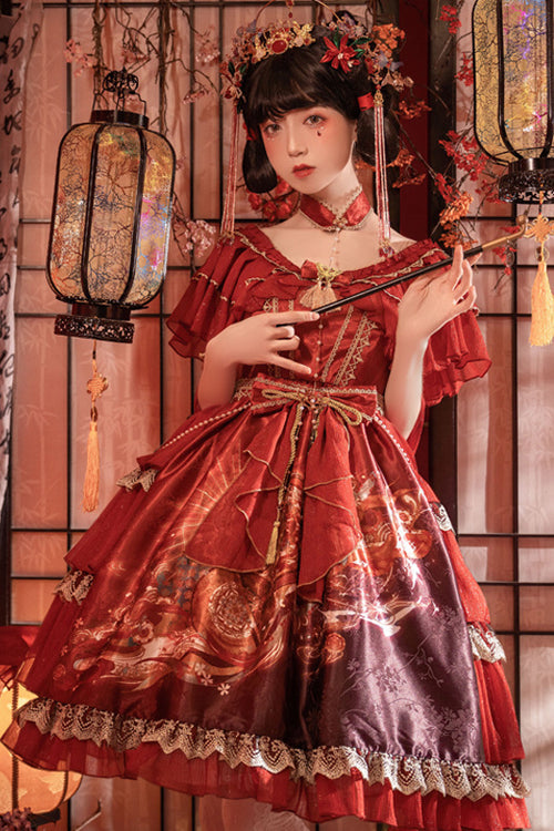 Elegant High Waist Lolita Dress - Ruffled Short Sleeve, Print