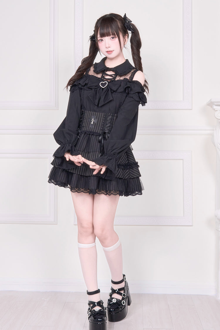 Off Shoulder Bowknot Lace-Up Print Long Sleeve Jirai Blouse in Three Colors