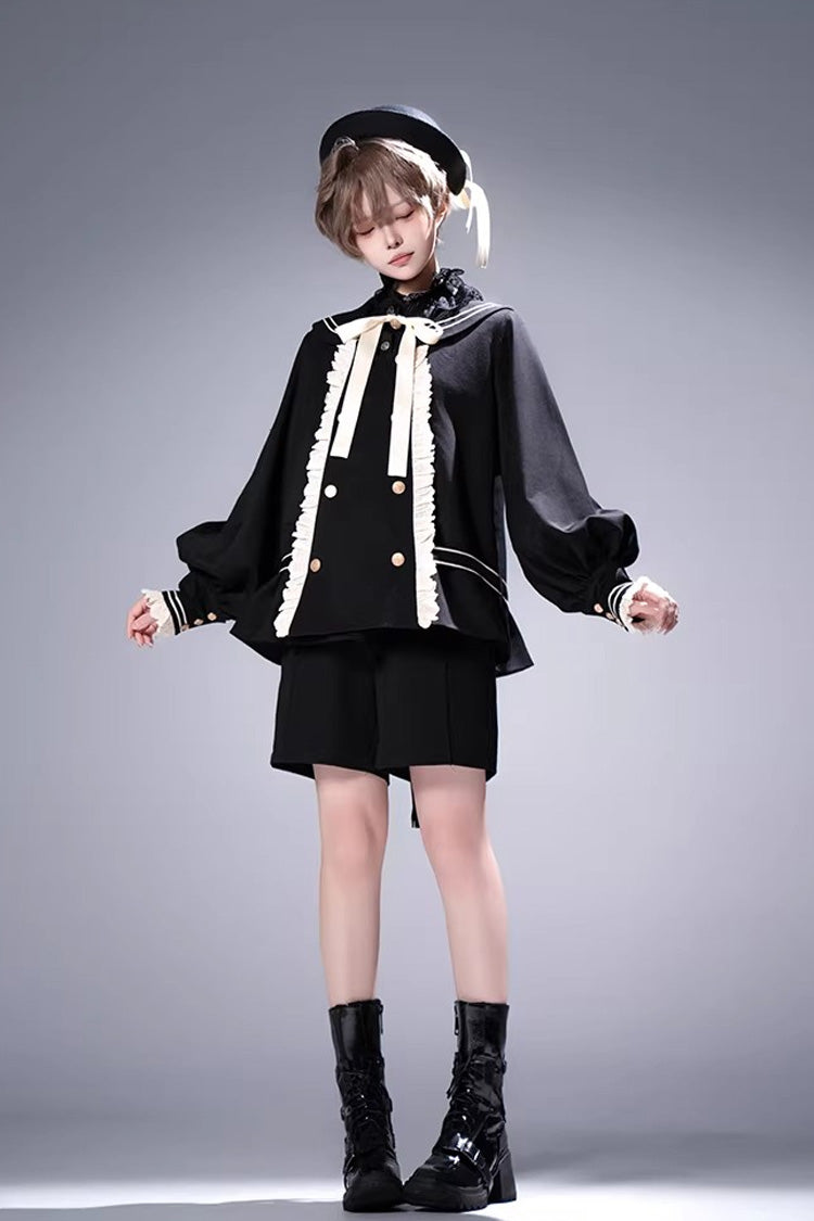 Navy-Collar Long-Sleeve Prince Ouji Short Coat Set in Black