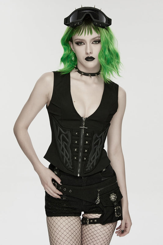 Embossed Studded Zippered Punk Sleeveless Vest with V-Neck