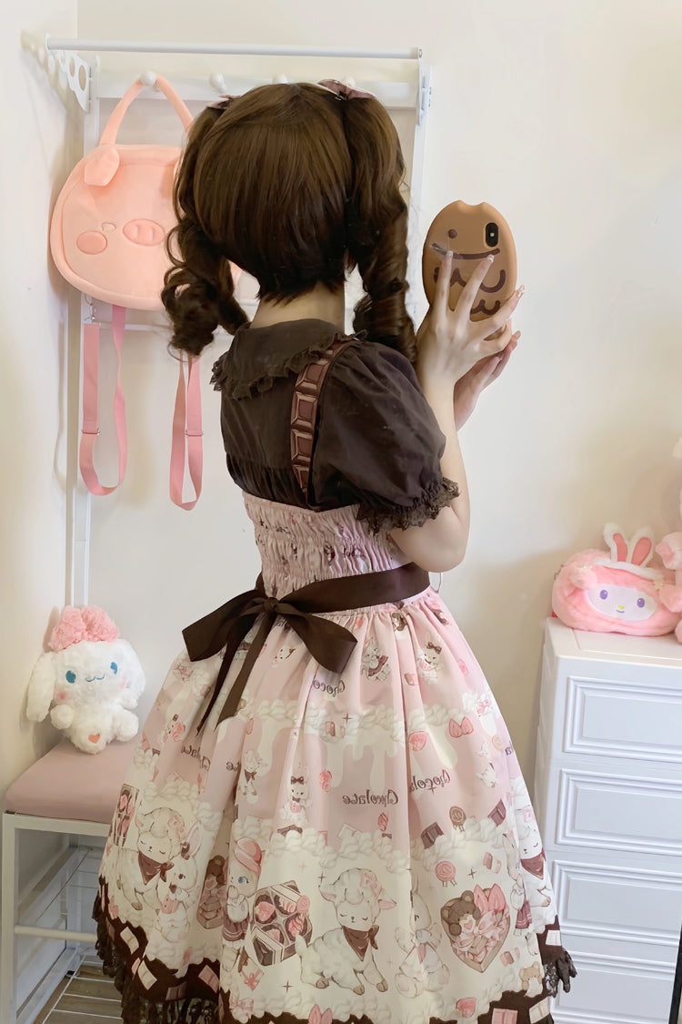 Chocolate Rosette Cat Printed Bow Stitching Lace Sweet Lolita JSK Dress