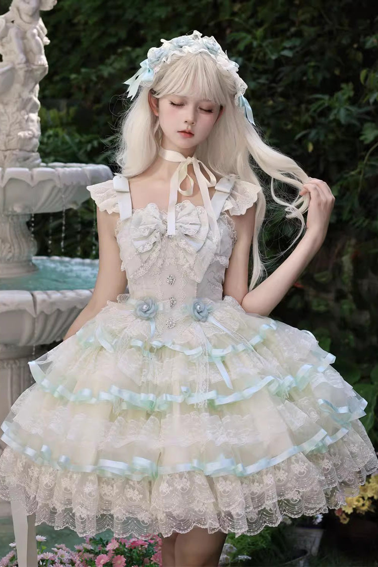 Emerald Rose Feather Waltz Sleeveless Triple-Layer Ruffle Bow Lace Ballet Lolita JSK