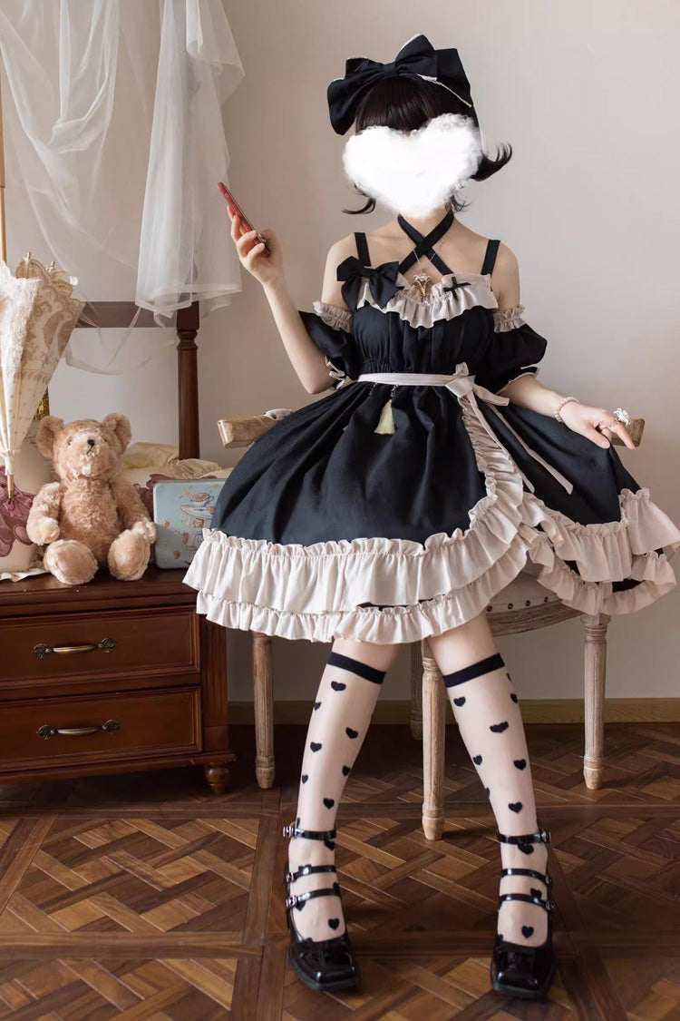 Sleeveless High Waist Ruffle Bow Asymmetric Gothic Lolita Jumper Dress - Black