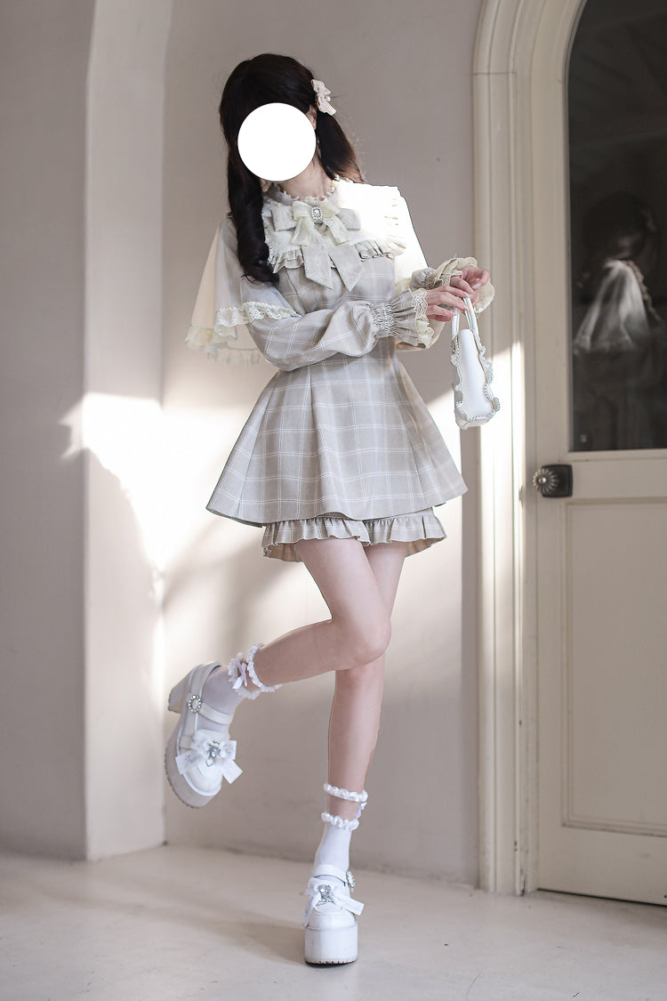 Tan Cocoa Brownie Plaid Bow-Trimmed Jirai Dress