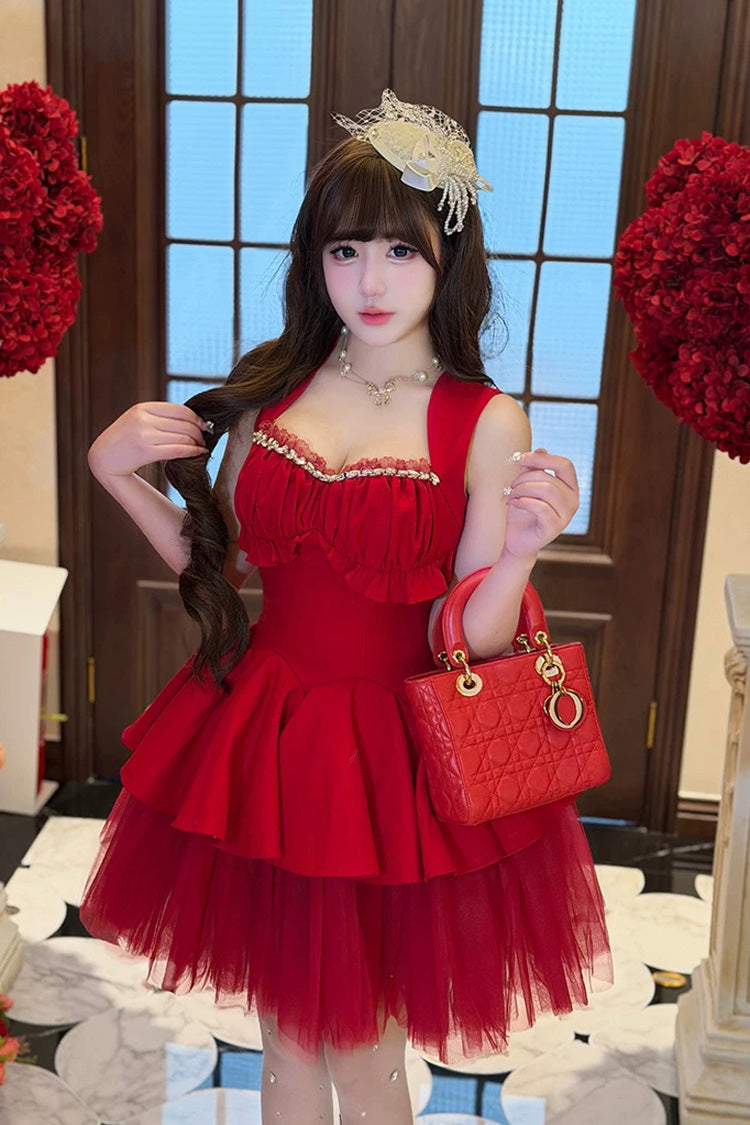 Square Collar Ballet Lolita Dress - Romantic Rose