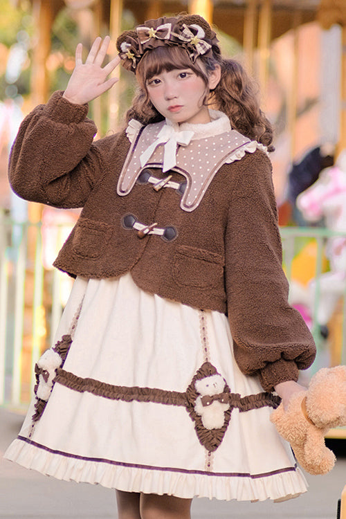Cream OP Dress - Round Collar Lantern Sleeves Bear Sweet Lolita