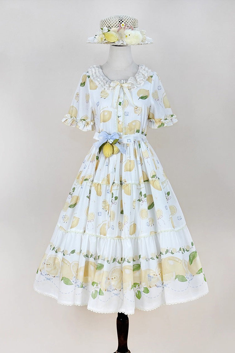 Ivory Casual Print Ruffle Bow Lace Sweet Dress