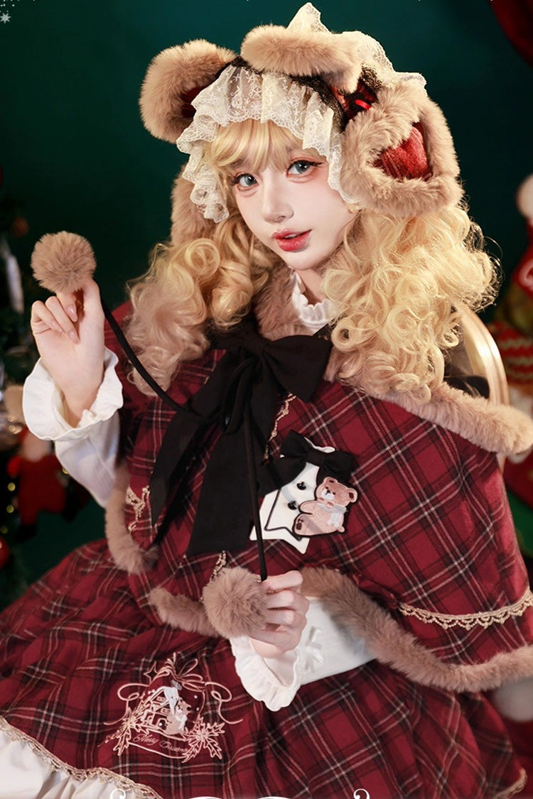 Multi-Layered Christmas Plaid Print Ruffle Sweet Lolita Jsk Cloak Red