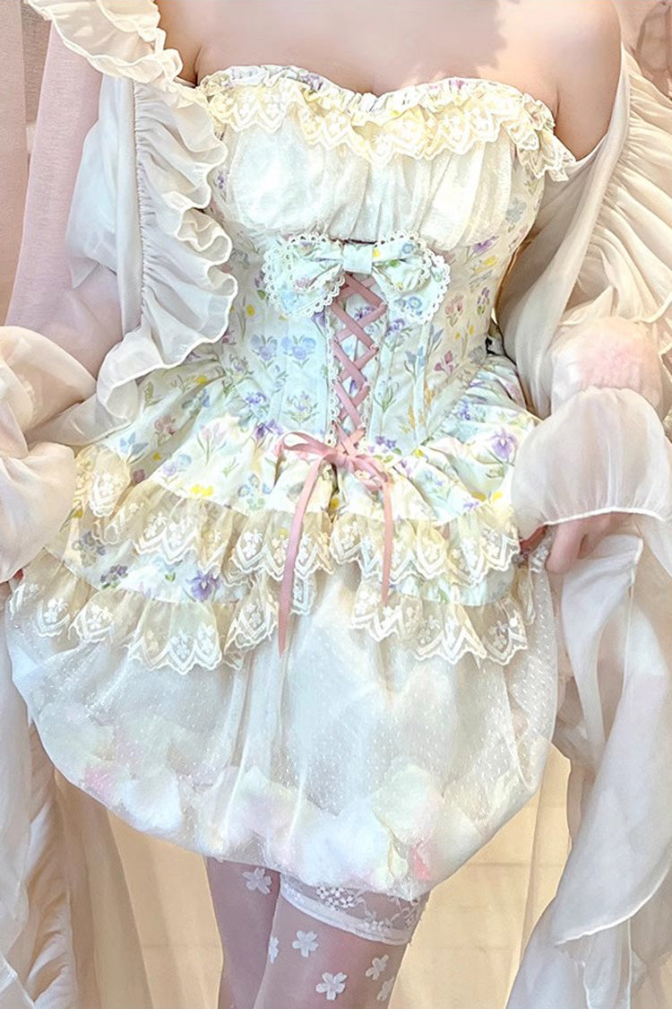 Cream Flower Story Tulip Print Bow Lace Sweet Lolita Skirt