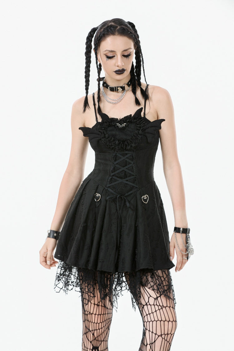 Sleeveless Lace Lace-Up Pleated Gothic Dark Demon Slip Dress