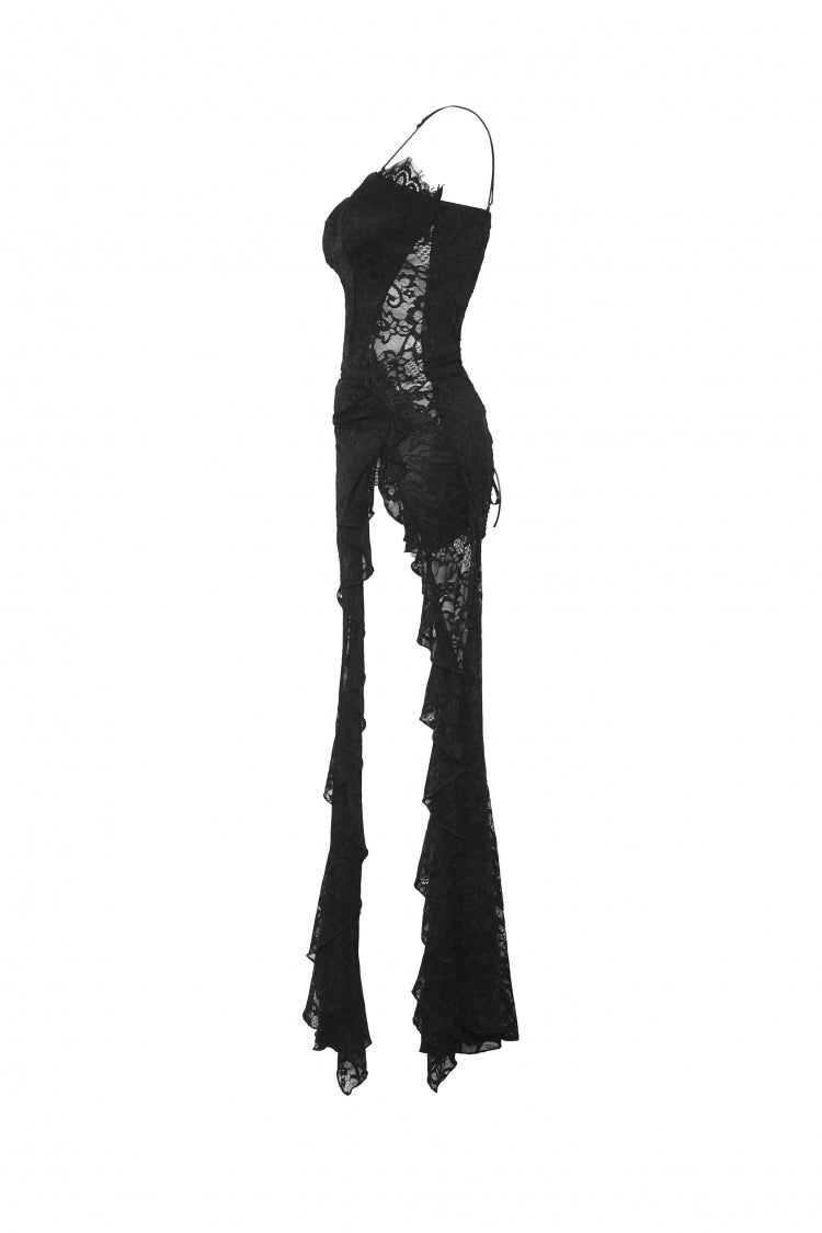 Sleeveless Side Slit Ruffled Lace Lace-Up Gothic Maxi Slip Wedding Dress