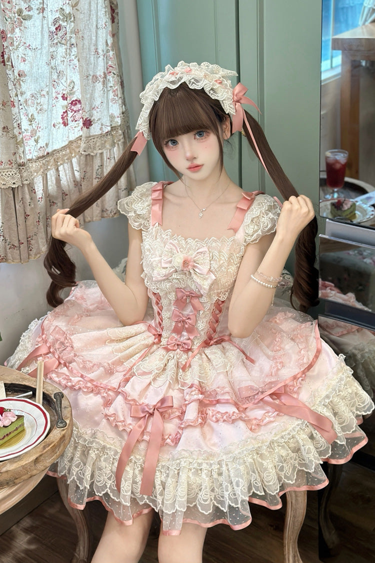 Dreaming Butterfly Pink Multi-Layered Jacquard Ruffle Bowknot Lace Sweet Princess JSK Dress