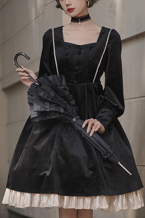Ebony Velvet Classic Lolita One-Piece with Faux Collar