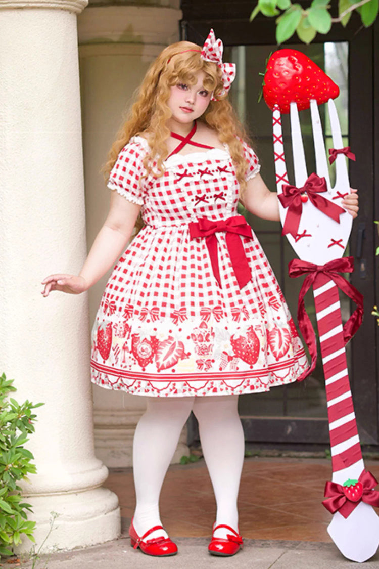 Strawberry Plaid Print Bowknot Sweet Plus Size Princess Red Short Sleeves Dress
