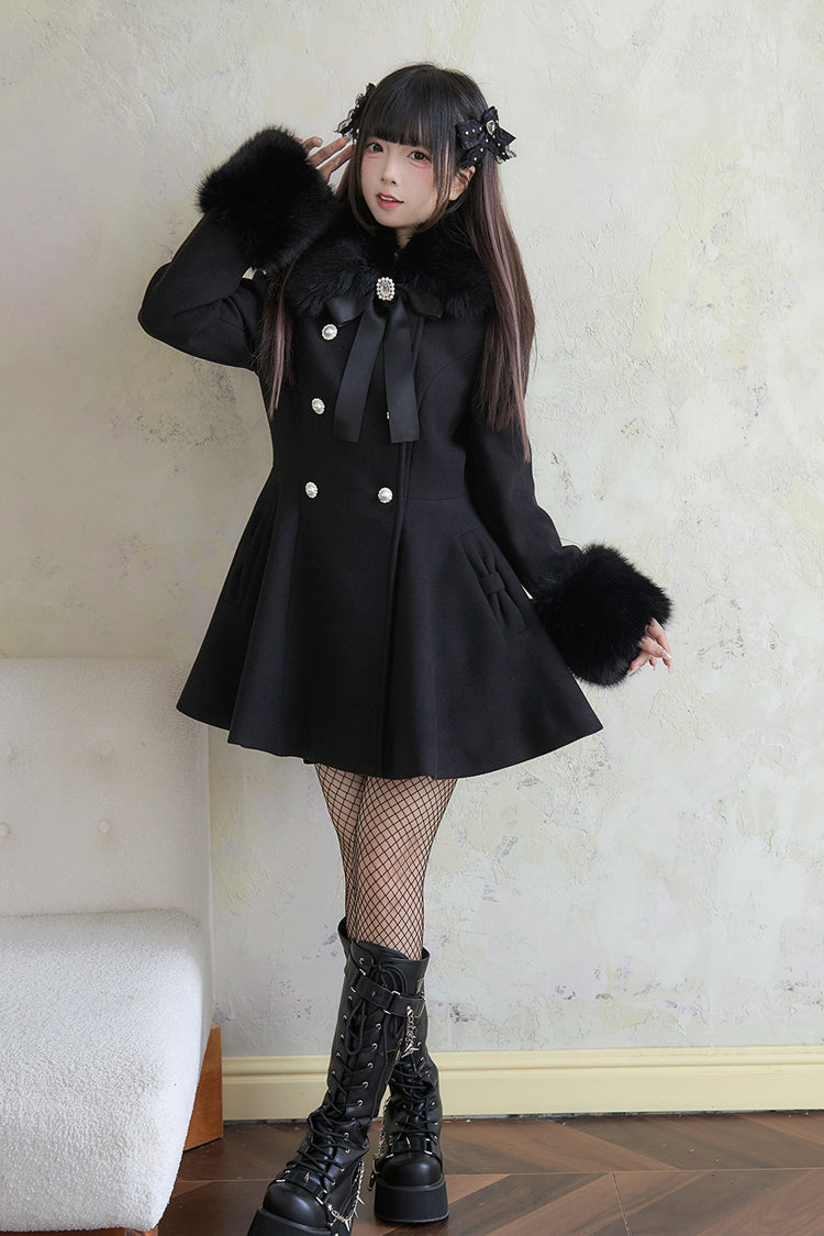 Japanese Sweet Lolita Coat with Double-Breasted Front & Bowknot, Long Sleeves