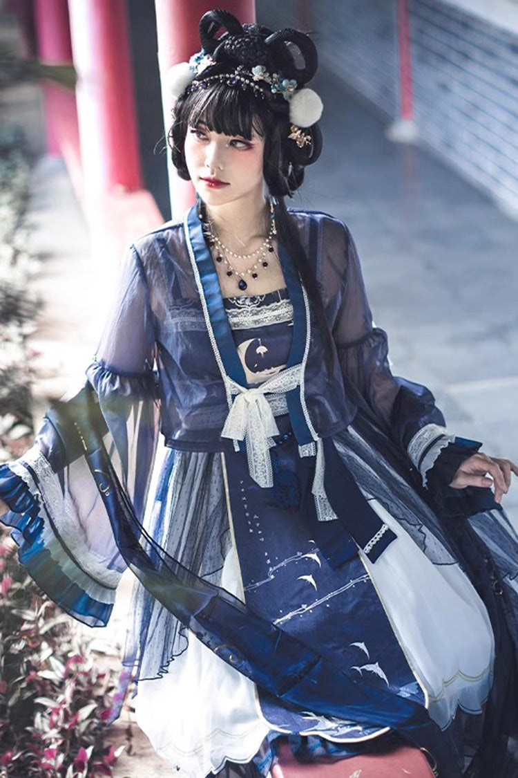 Chinese Style Lolita JSK Dress with Oriole Print and Ruffles - Night and the Oriole, 2 Tones
