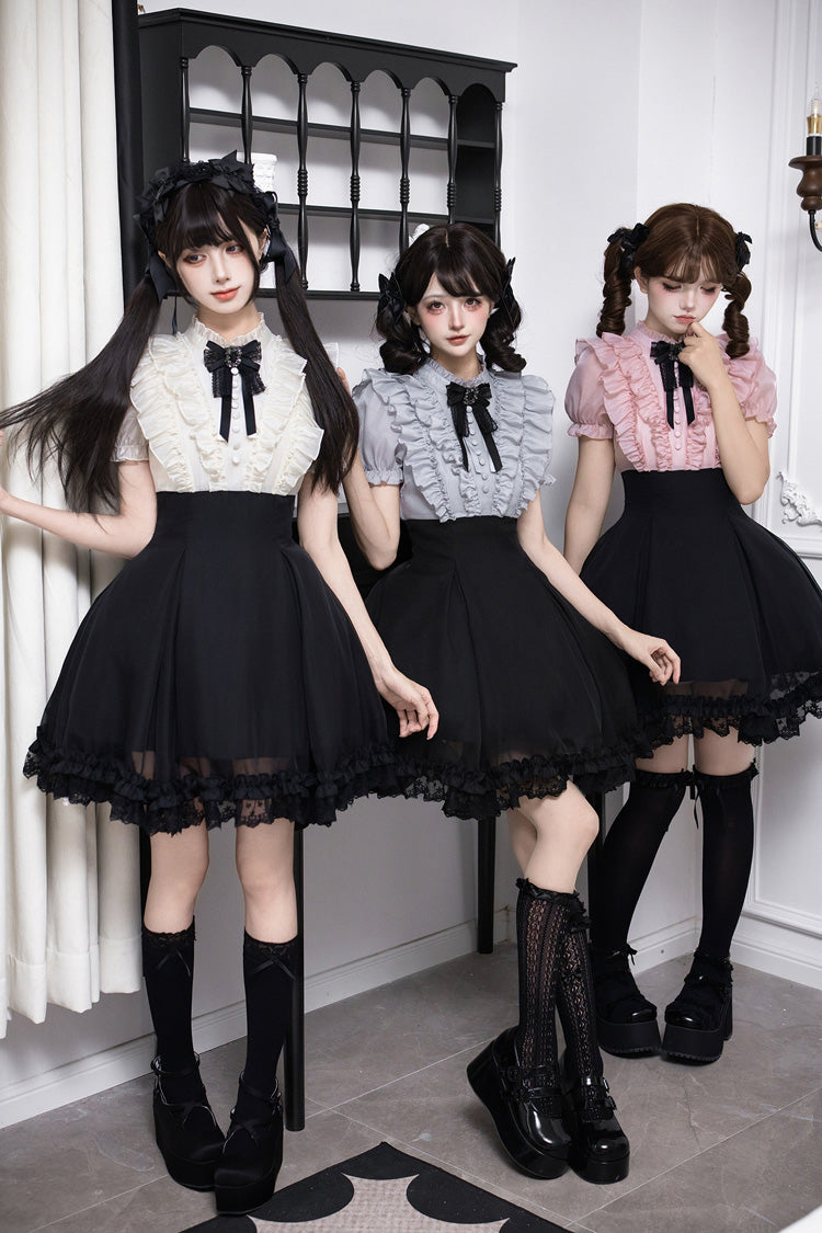 Miss Lola Snow Kiss Stand Collar Short Puff Sleeves Ruffled Color-Blocked Faux Two-Piece Sweet Lolita Dress 3 Colors - Black