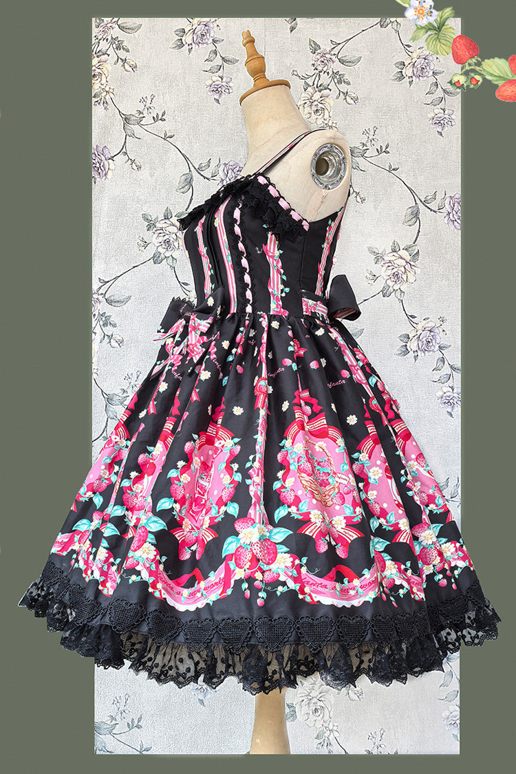 Sleeveless Bowknot Lace Sweet JSK with Print - Strawberry Chef