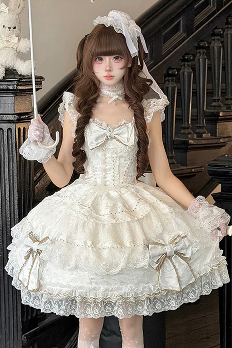 Ivory Sweet JSK with Square Collar and Jacquard Ruffles - Day and Night Duality