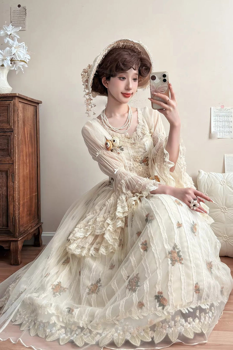 Charming Apricot Embroidered Lace Print Sweet Lolita JSK Dress