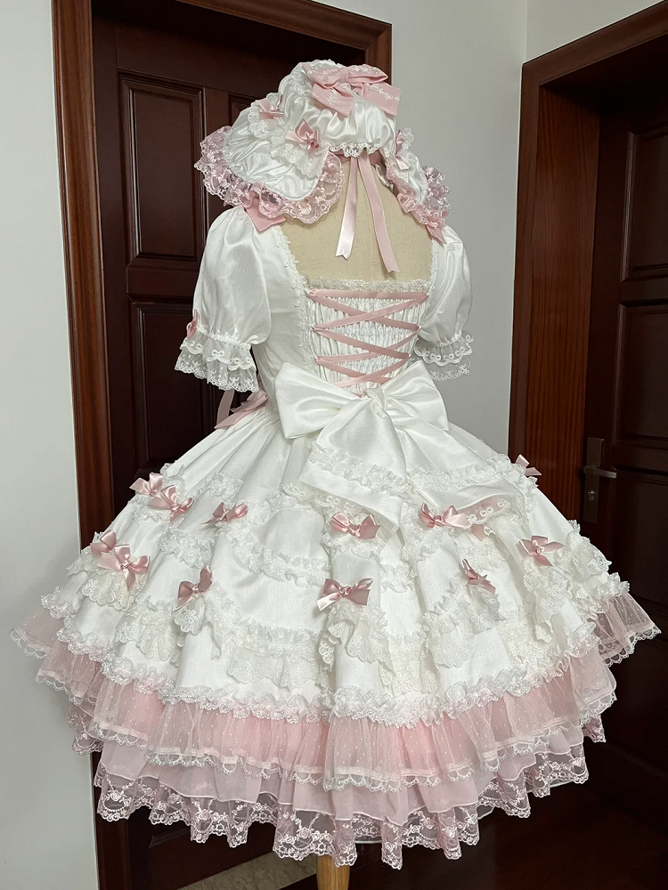 Sleeves Sweet Dress Waist High Princess Pink with Accents White Sakura Bow Detachable Lolita