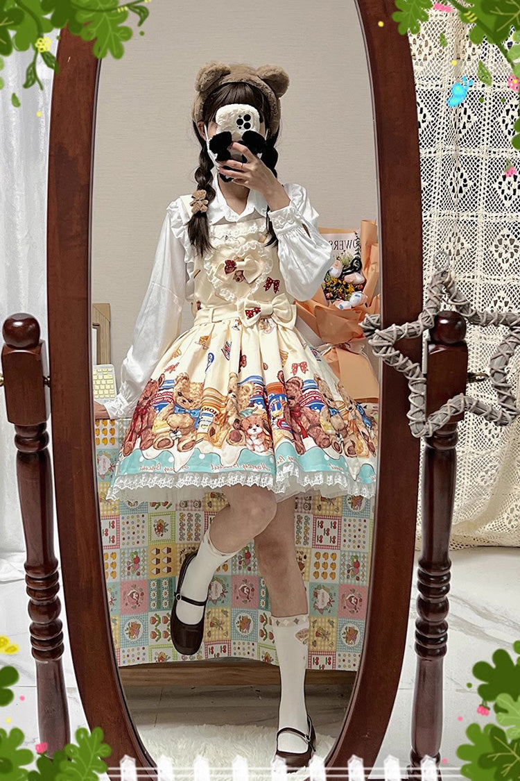 Honey Bear Cafe Printed Bow Lace Sweet Lolita JSK Dress