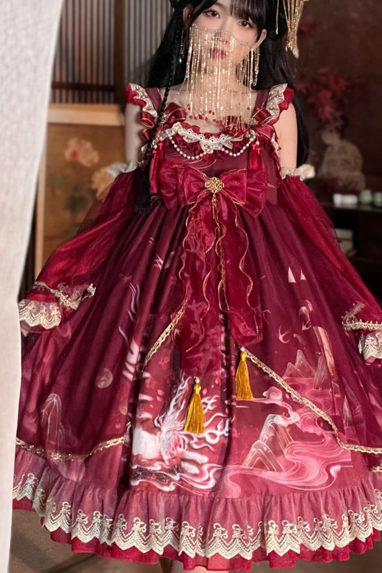 Classic Chinese Princess JSK Dress with Fox Print and Ruffled Bow - Nine-tailed Fox, 2 Tones